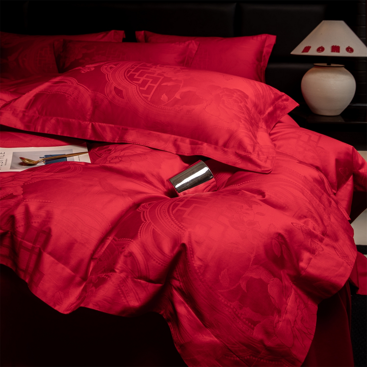 91家纺网 家纺一手货源 找家纺 欧乐蒂 2025新款高支高密婚庆提花四件套 锦绣花语