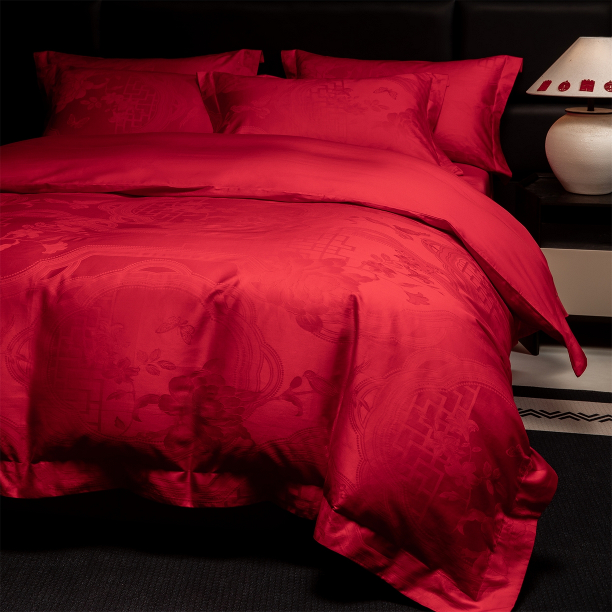 91家纺网 家纺一手货源 找家纺 欧乐蒂 2025新款高支高密婚庆提花四件套 锦绣花语