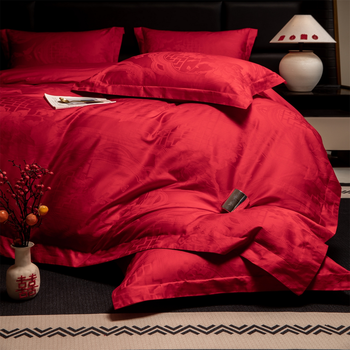 91家纺网 家纺一手货源 找家纺 欧乐蒂 2025新款高支高密婚庆提花四件套 锦绣花语