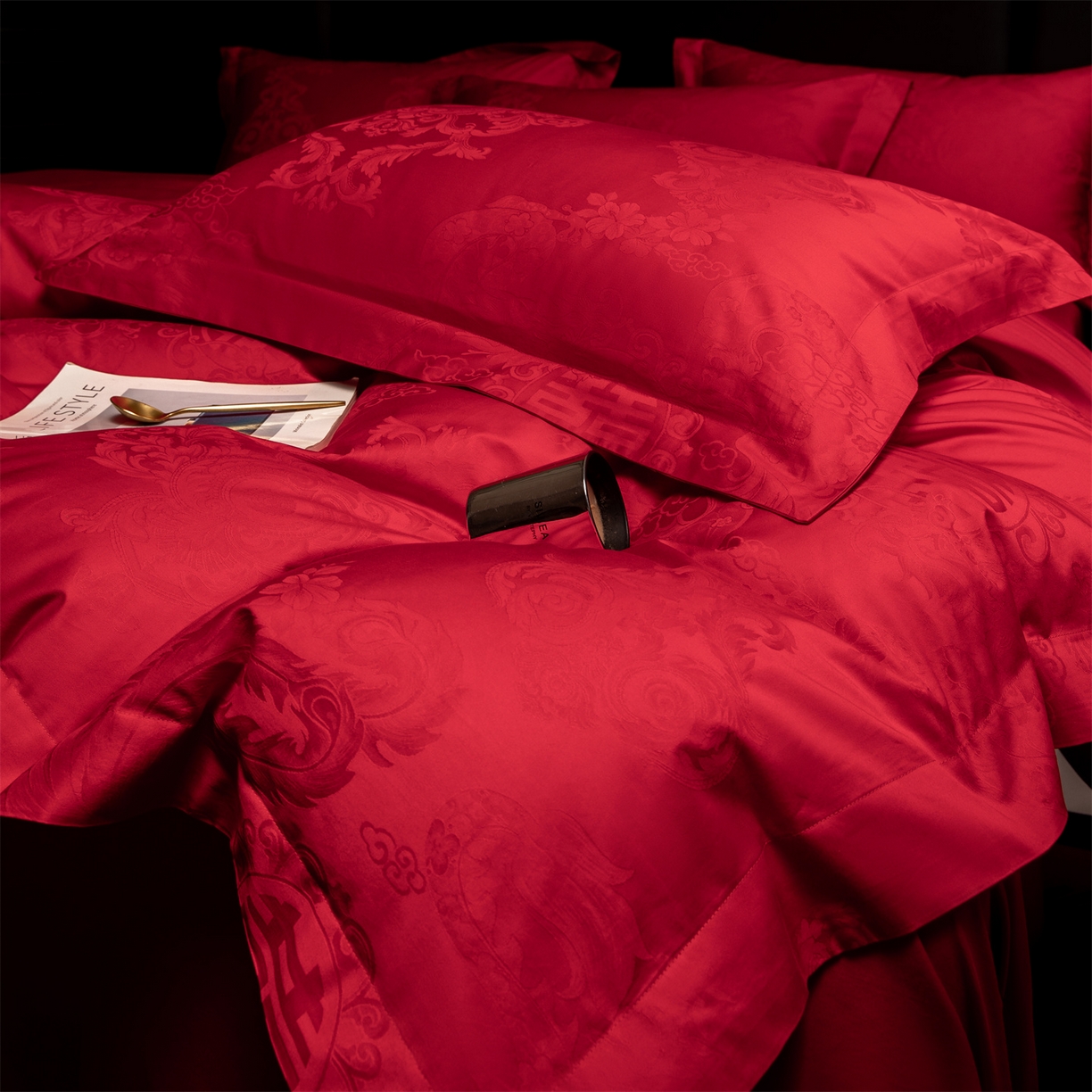 91家纺网 家纺一手货源 找家纺 欧乐蒂 2025新款高支高密婚庆提花四件套 龙凤美满