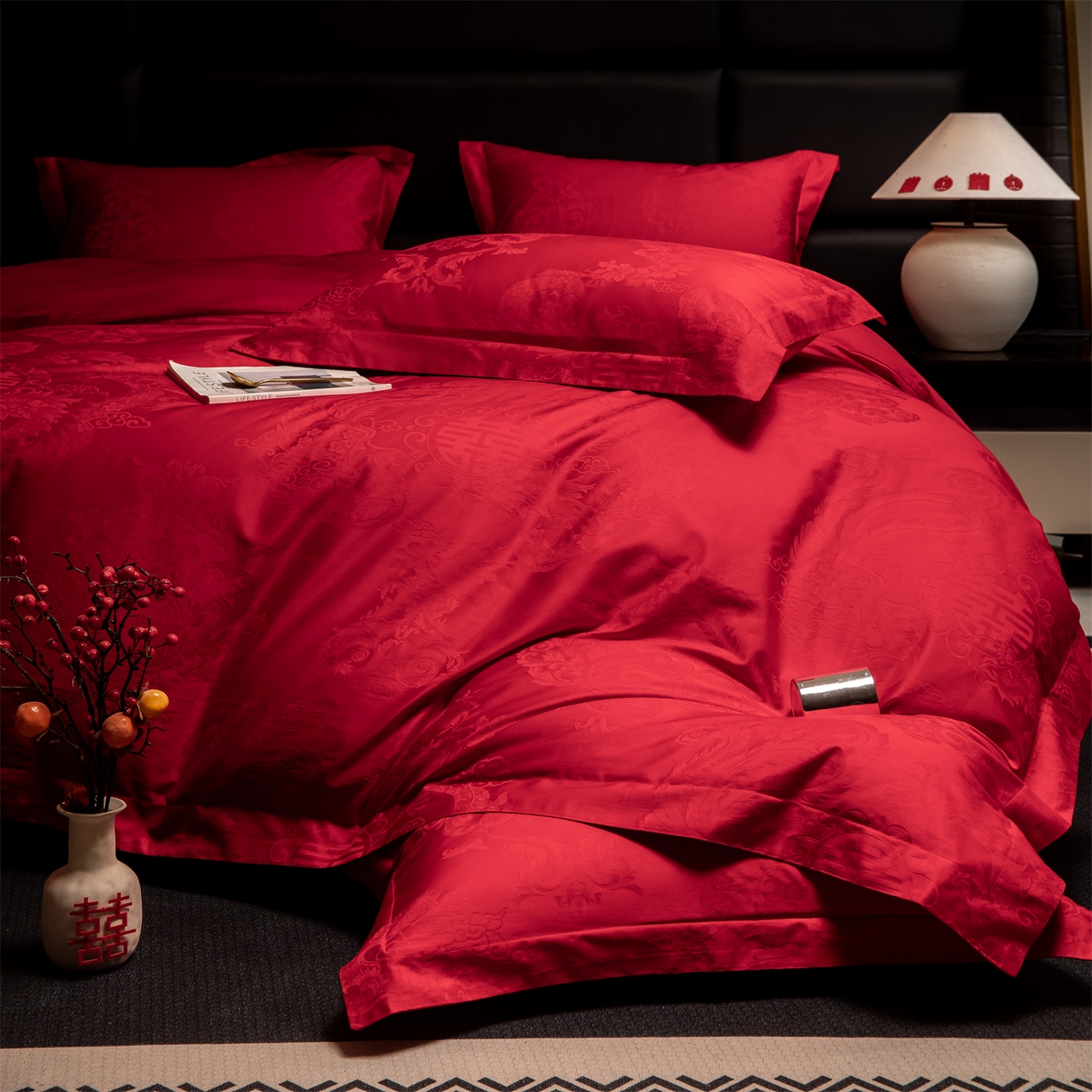 91家纺网 家纺一手货源 找家纺 欧乐蒂 2025新款高支高密婚庆提花四件套 龙凤美满