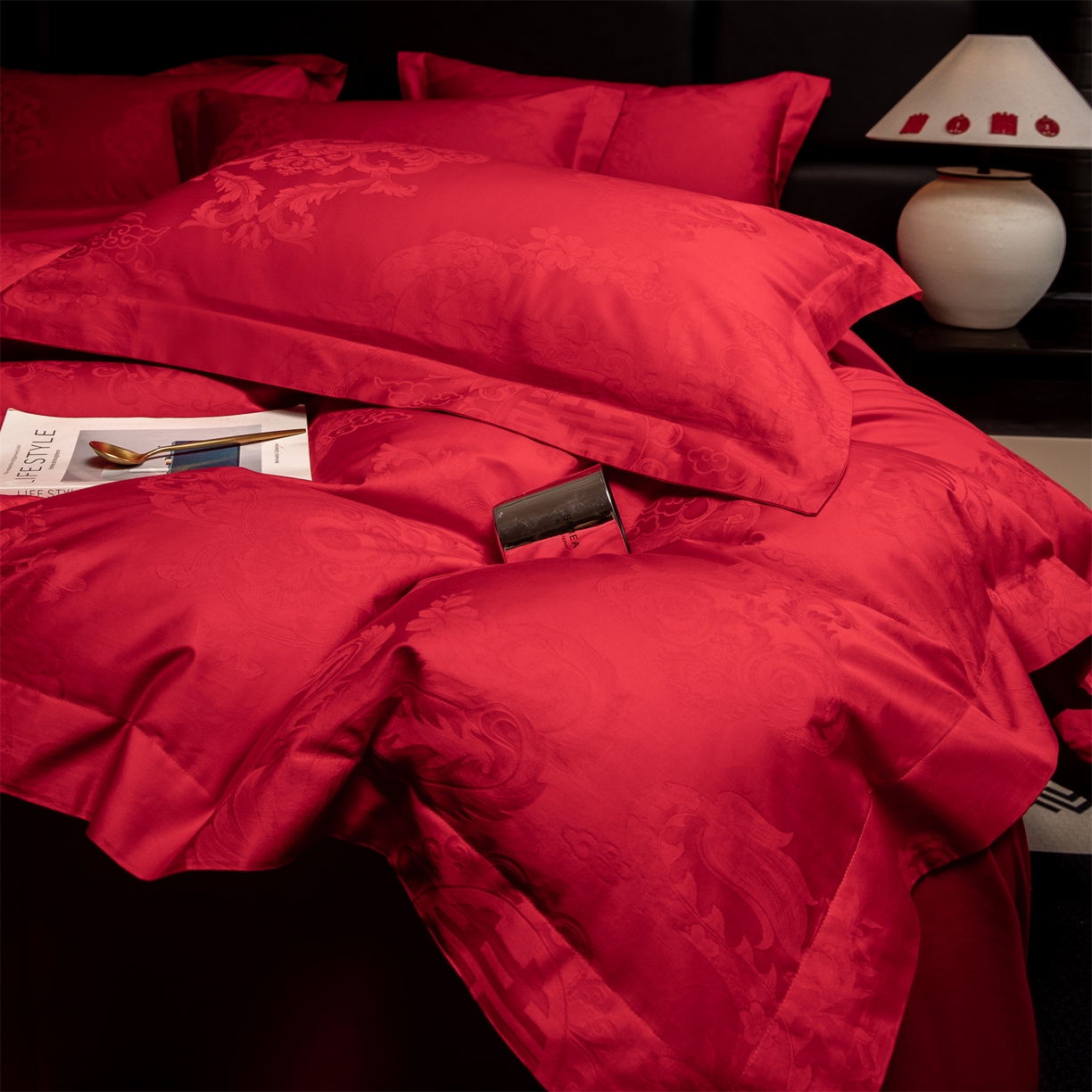 91家纺网 家纺一手货源 找家纺 欧乐蒂 2025新款高支高密婚庆提花四件套 龙凤美满