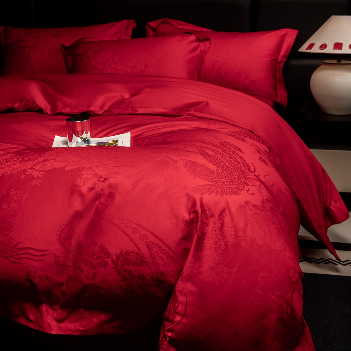 91家纺网 家纺一手货源 找家纺 欧乐蒂 2025新款高支高密婚庆提花四件套 龙凤千禧