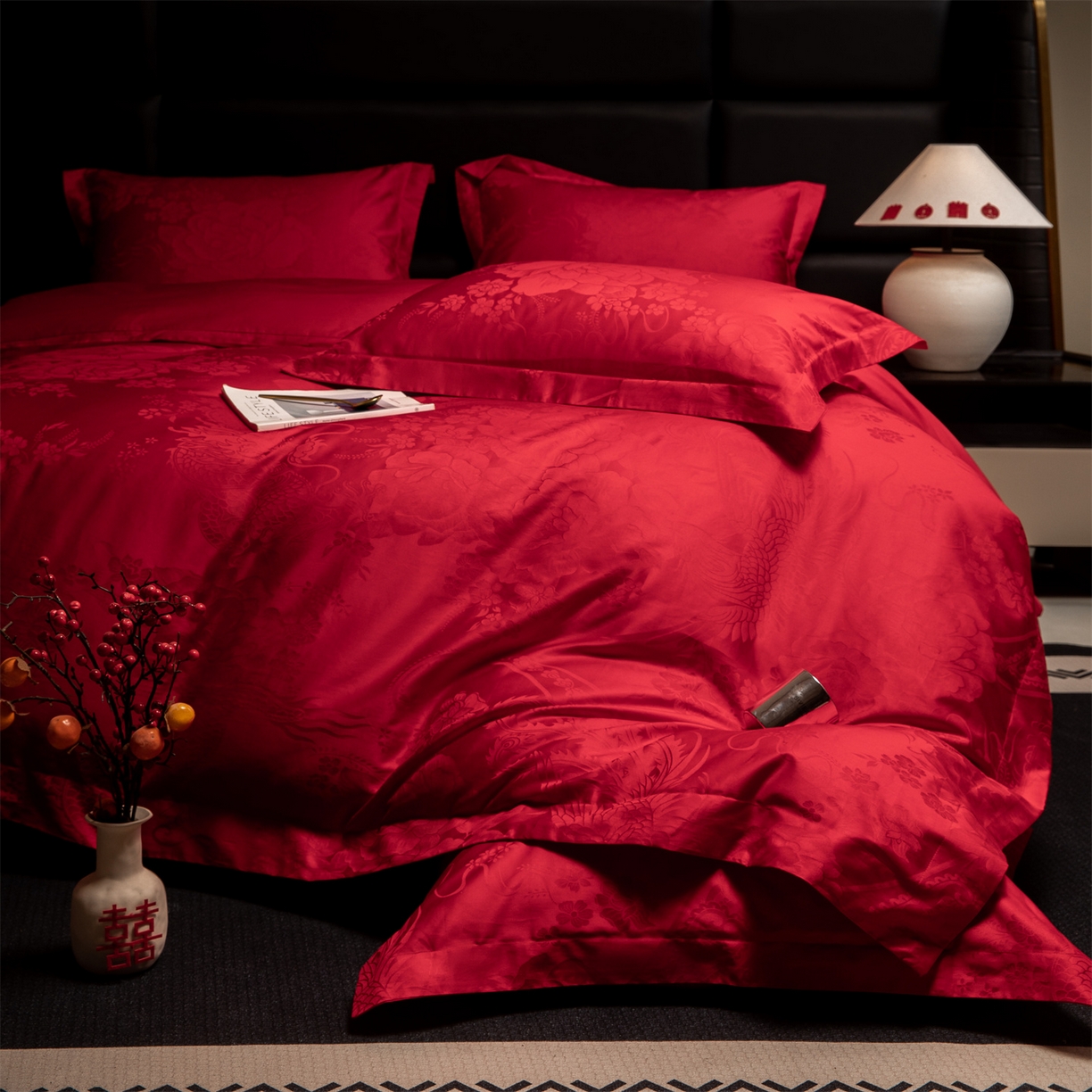 91家纺网 家纺一手货源 找家纺 欧乐蒂 2025新款高支高密婚庆提花四件套 龙凤千禧