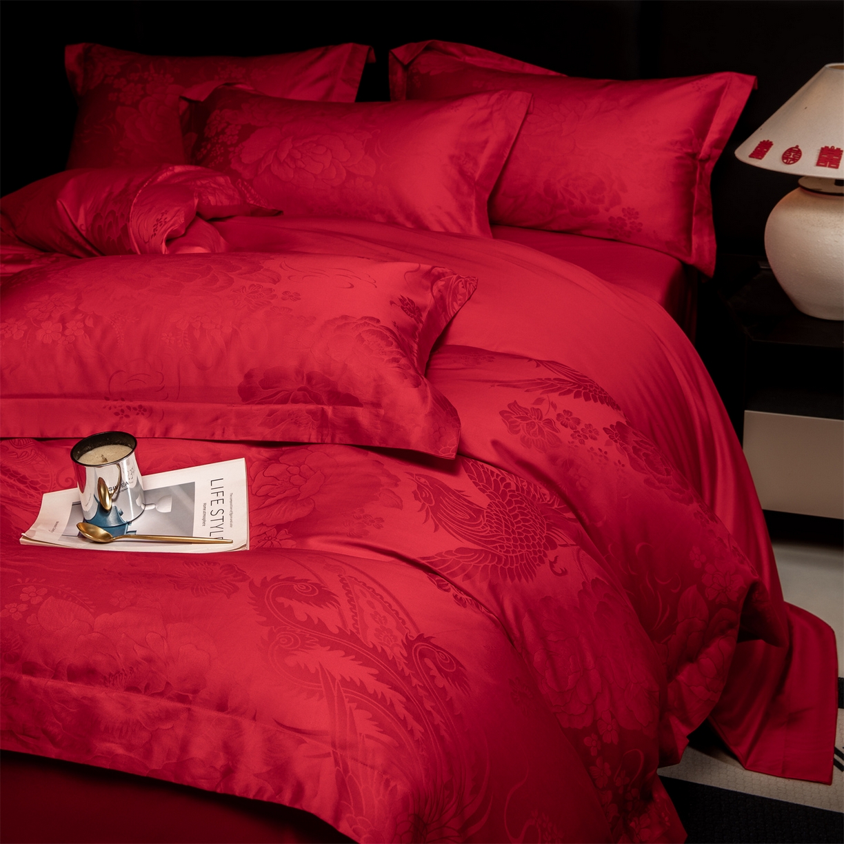 91家纺网 家纺一手货源 找家纺 欧乐蒂 2025新款高支高密婚庆提花四件套 龙凤千禧