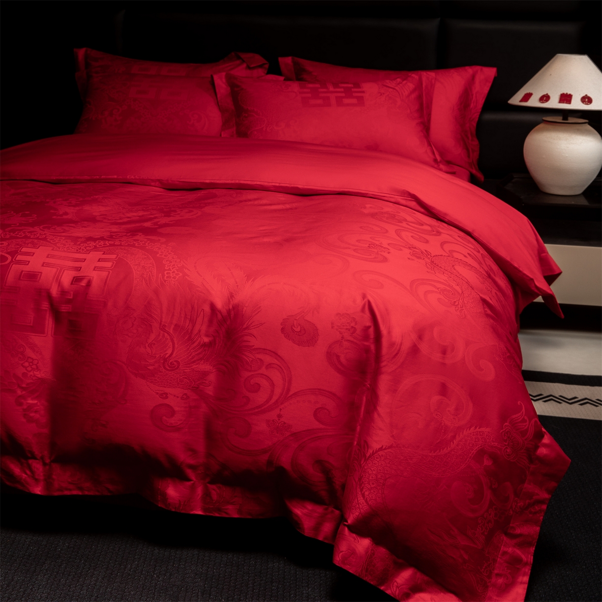 91家纺网 家纺一手货源 找家纺 欧乐蒂 2025新款高支高密婚庆提花四件套 龙凤瑞喜