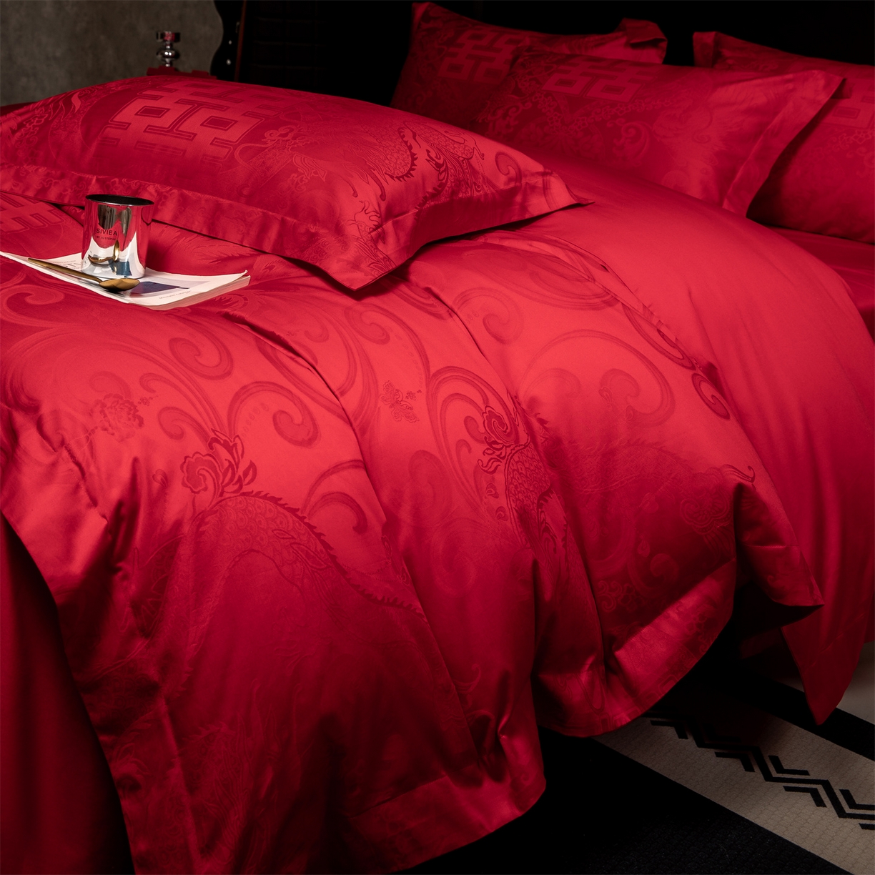 91家纺网 家纺一手货源 找家纺 欧乐蒂 2025新款高支高密婚庆提花四件套 龙凤瑞喜