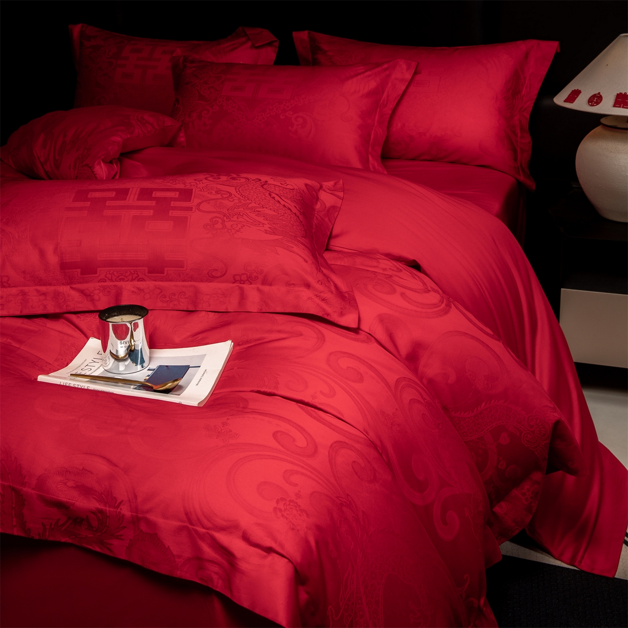 91家纺网 家纺一手货源 找家纺 欧乐蒂 2025新款高支高密婚庆提花四件套 龙凤瑞喜