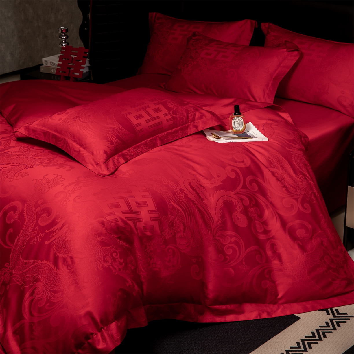 91家纺网 家纺一手货源 找家纺 欧乐蒂 2025新款高支高密婚庆提花四件套 龙凤瑞喜