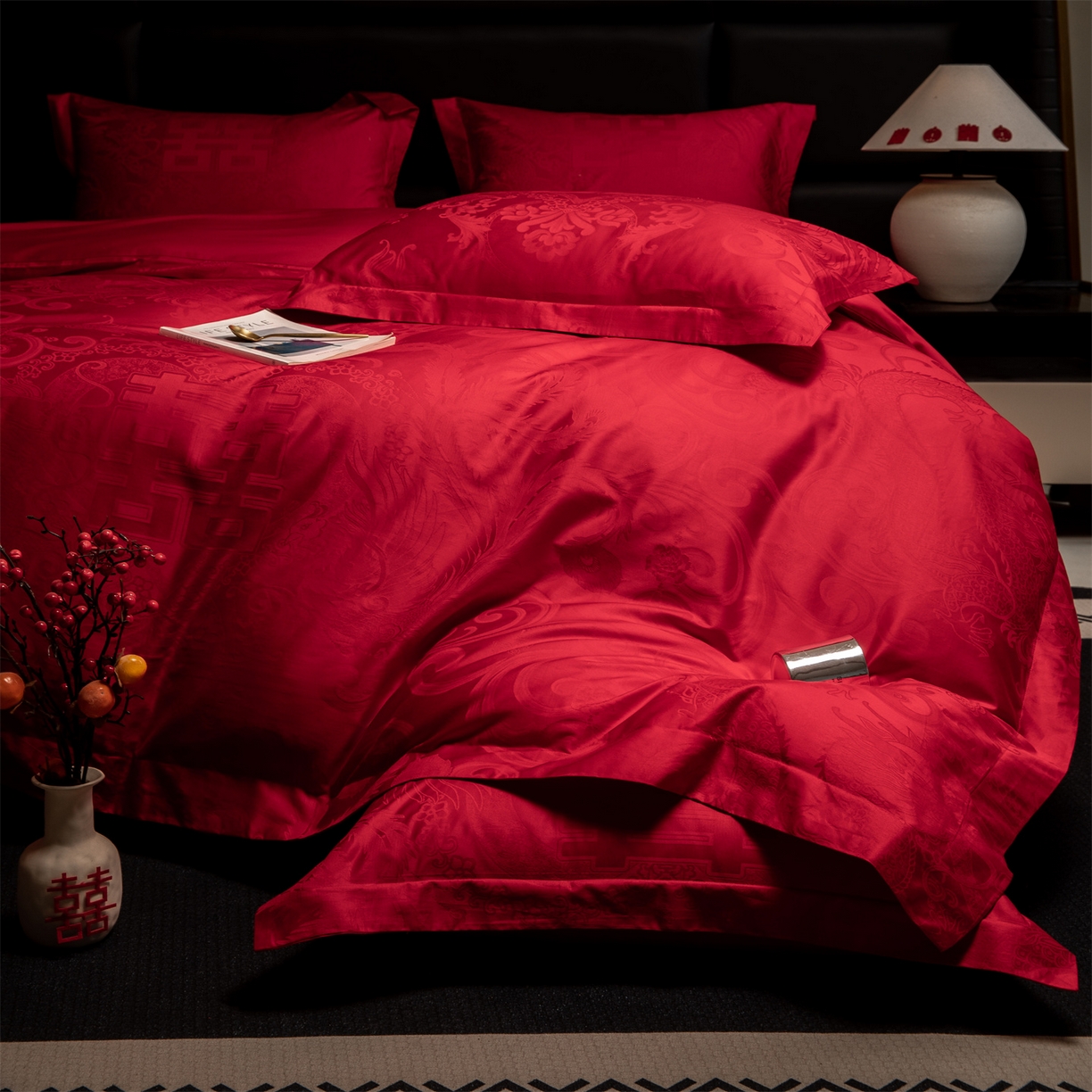 91家纺网 家纺一手货源 找家纺 欧乐蒂 2025新款高支高密婚庆提花四件套 龙凤瑞喜