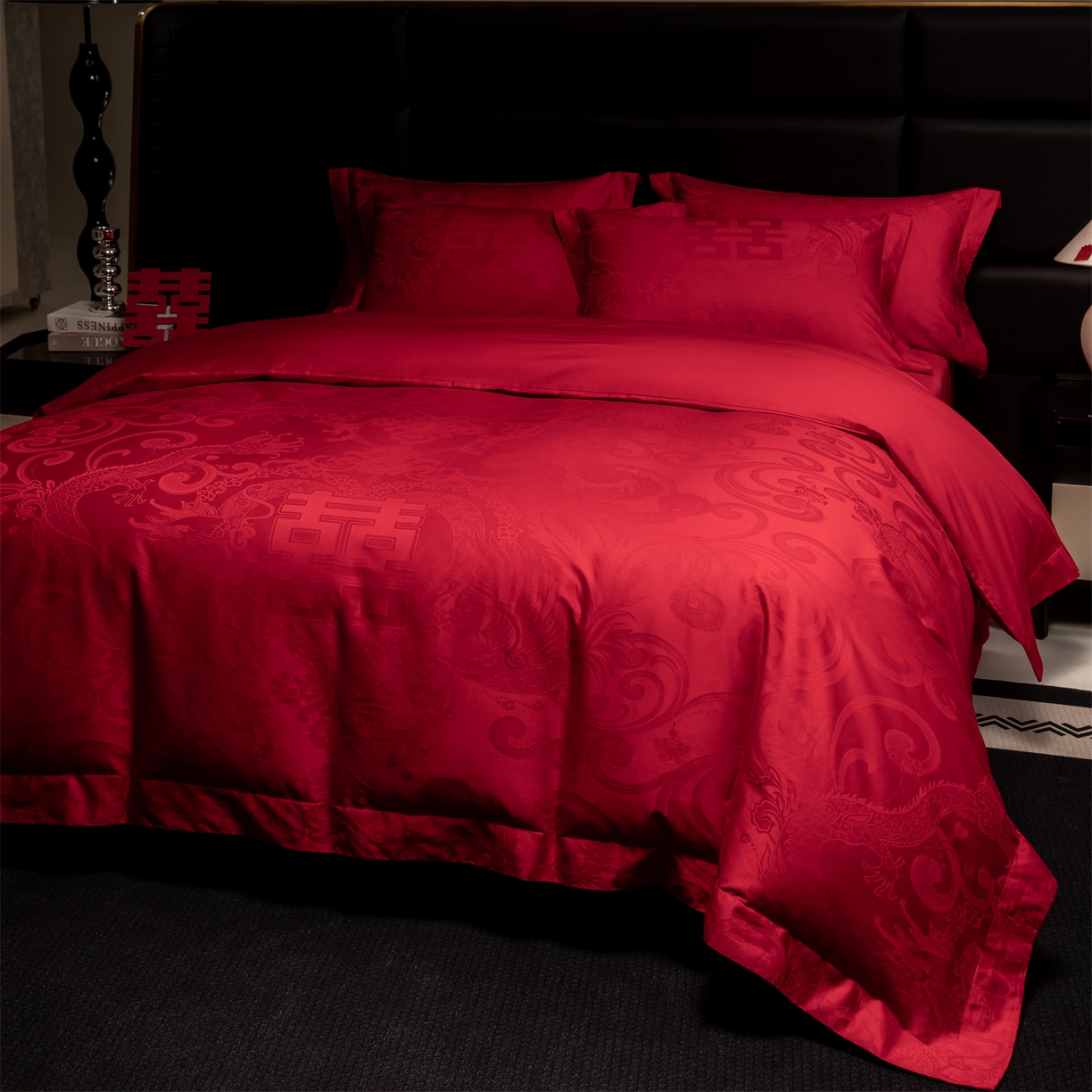 91家纺网 家纺一手货源 找家纺 欧乐蒂 2025新款高支高密婚庆提花四件套 龙凤瑞喜