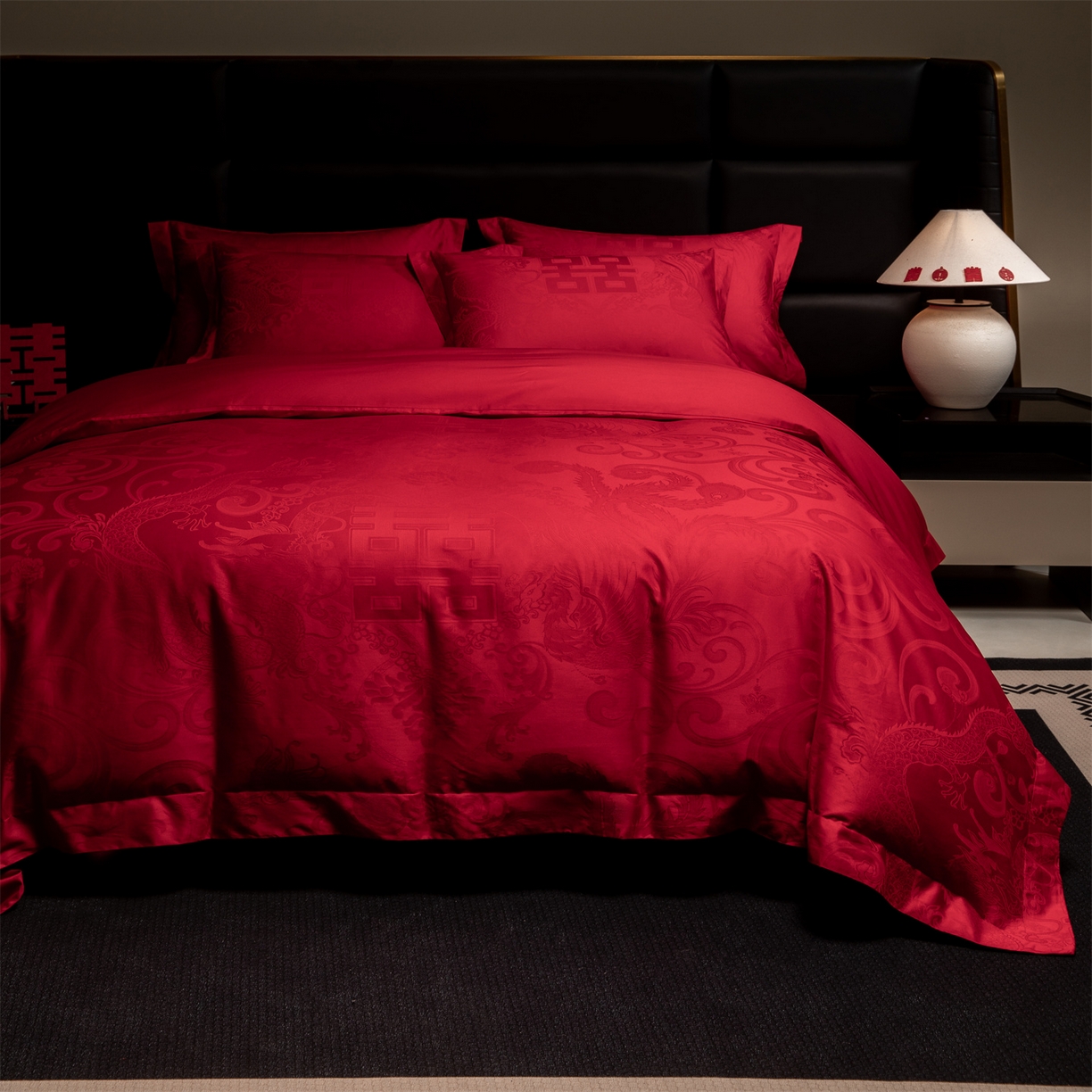 91家纺网 家纺一手货源 找家纺 欧乐蒂 2025新款高支高密婚庆提花四件套 龙凤瑞喜