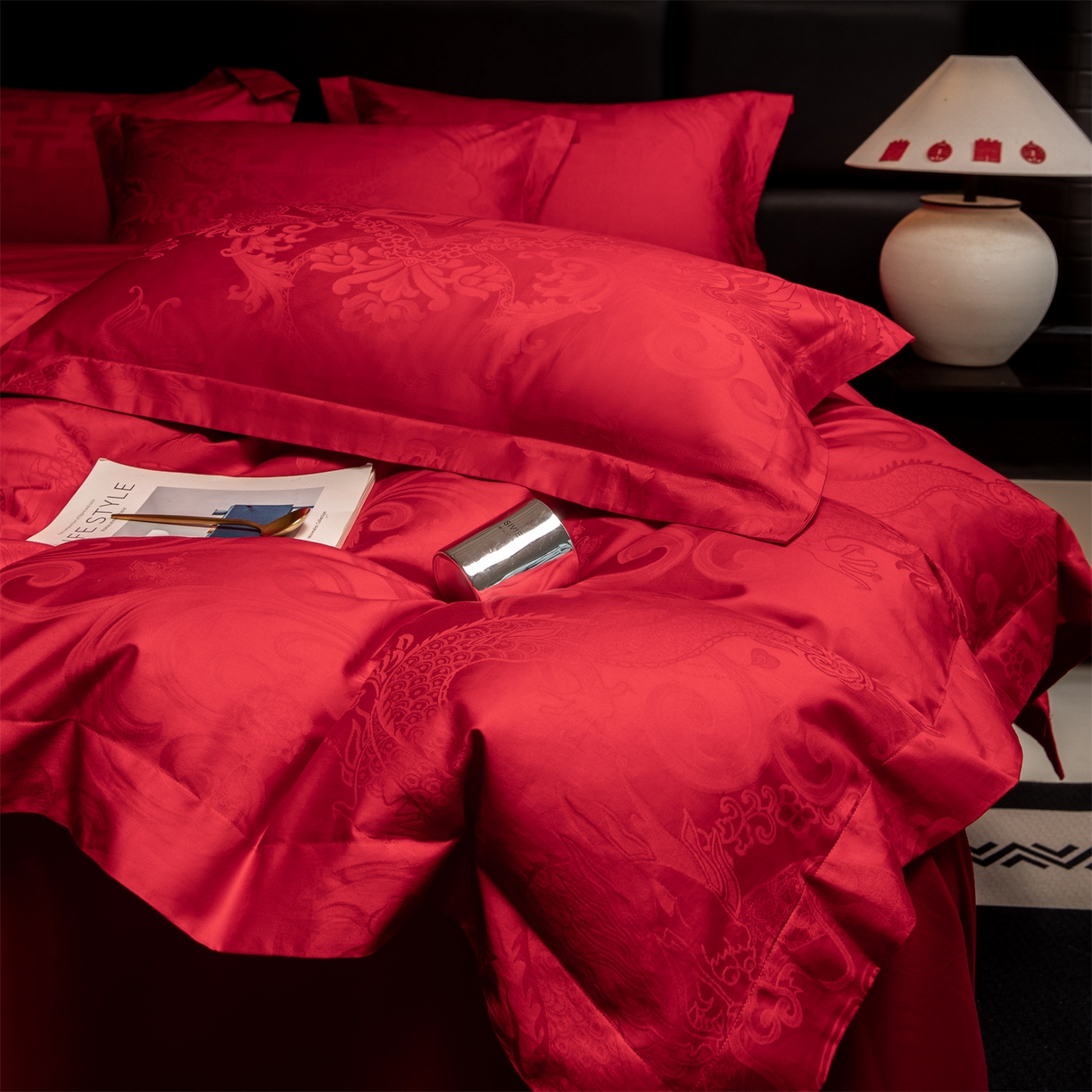 91家纺网 家纺一手货源 找家纺 欧乐蒂 2025新款高支高密婚庆提花四件套 龙凤瑞喜