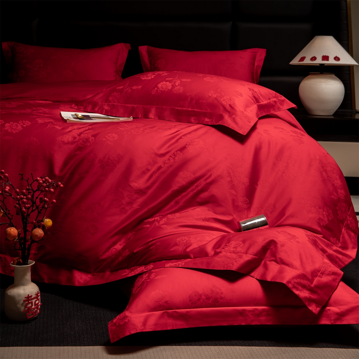 91家纺网 家纺一手货源 找家纺 欧乐蒂 2025新款高支高密婚庆提花四件套 玫瑰情缘