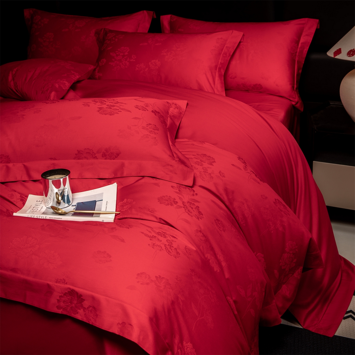 91家纺网 家纺一手货源 找家纺 欧乐蒂 2025新款高支高密婚庆提花四件套 玫瑰情缘