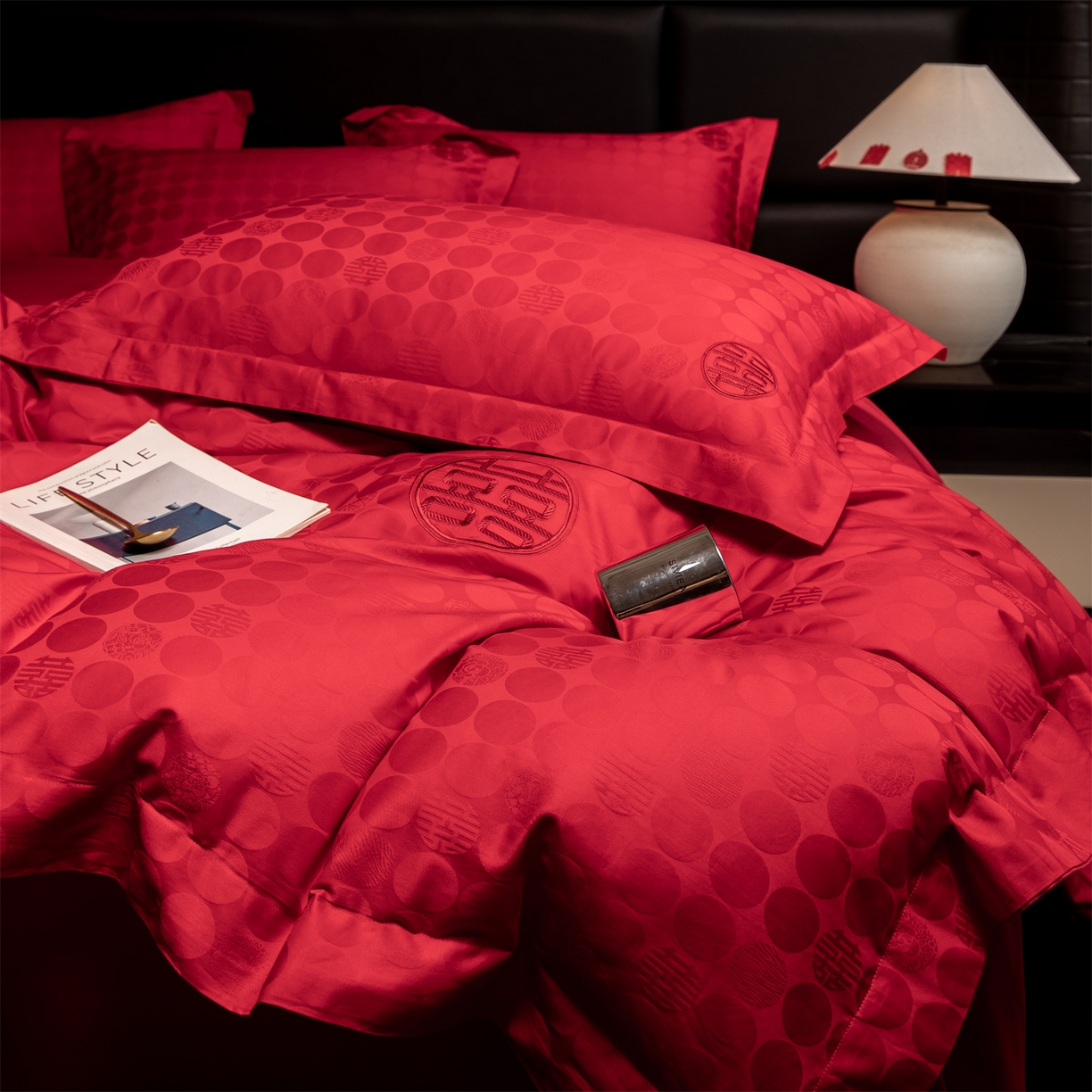 91家纺网 家纺一手货源 找家纺 欧乐蒂 2025新款高支高密婚庆提花四件套 双囍-红