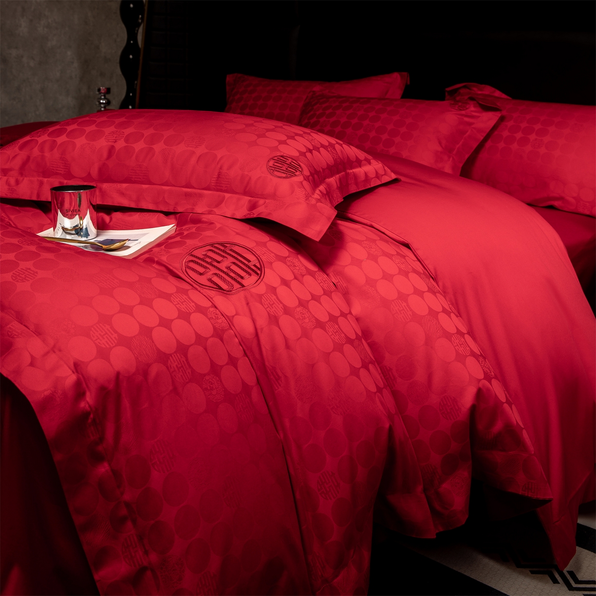 91家纺网 家纺一手货源 找家纺 欧乐蒂 2025新款高支高密婚庆提花四件套 双囍-红