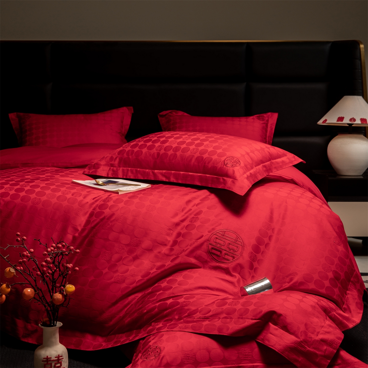 91家纺网 家纺一手货源 找家纺 欧乐蒂 2025新款高支高密婚庆提花四件套 双囍-红