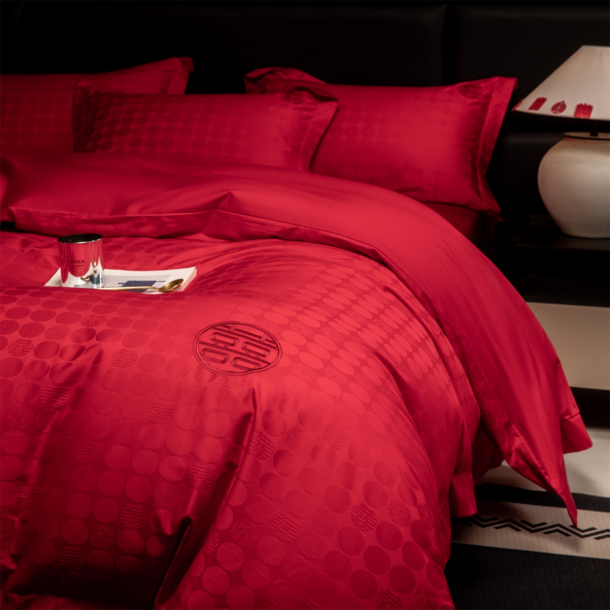 91家纺网 家纺一手货源 找家纺 欧乐蒂 2025新款高支高密婚庆提花四件套 双囍-红