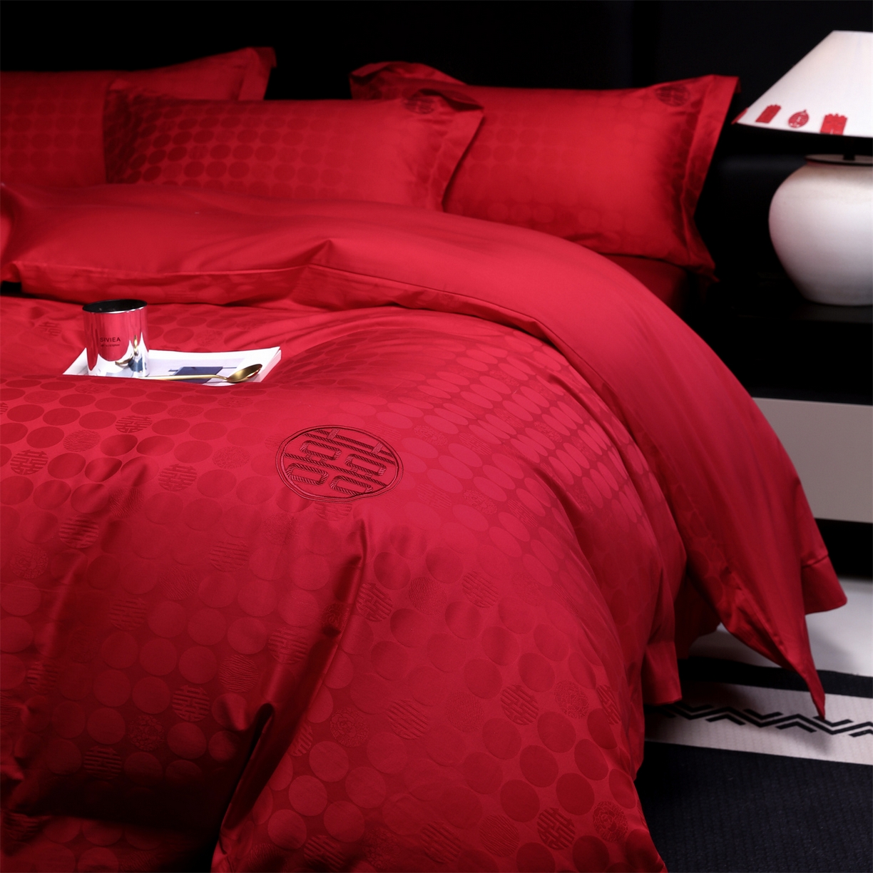 91家纺网 家纺一手货源 找家纺 欧乐蒂 2025新款高支高密婚庆提花四件套 双囍-红