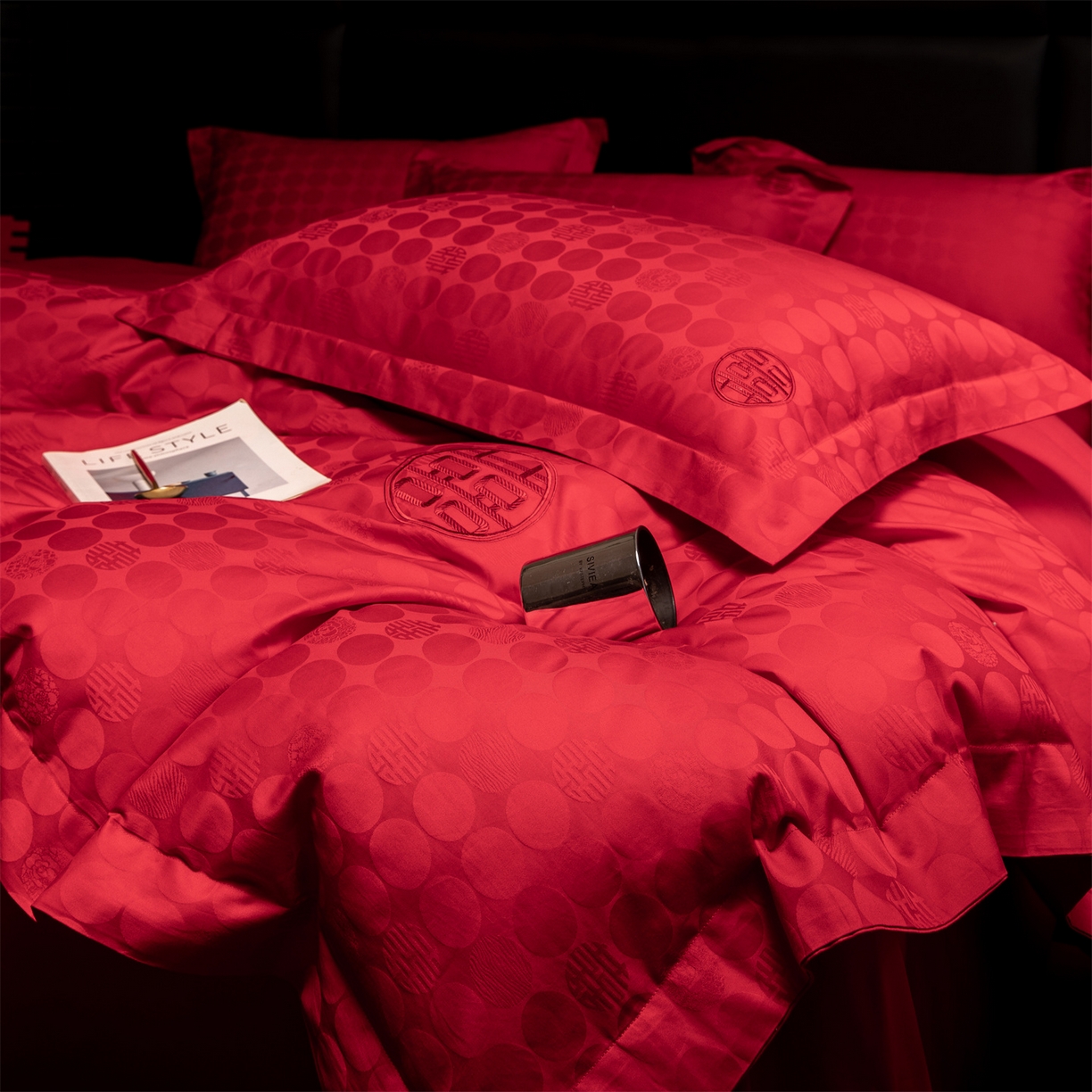 91家纺网 家纺一手货源 找家纺 欧乐蒂 2025新款高支高密婚庆提花四件套 双囍-红