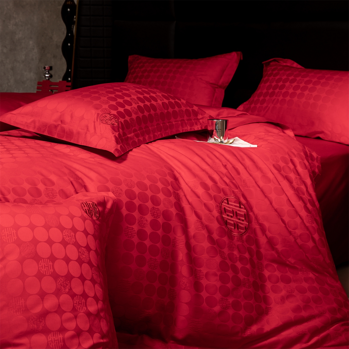 91家纺网 家纺一手货源 找家纺 欧乐蒂 2025新款高支高密婚庆提花四件套 双囍-红