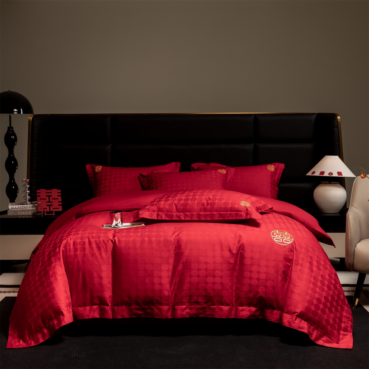 欧乐蒂 2025新款高支高密婚庆提花四件套 双囍-金