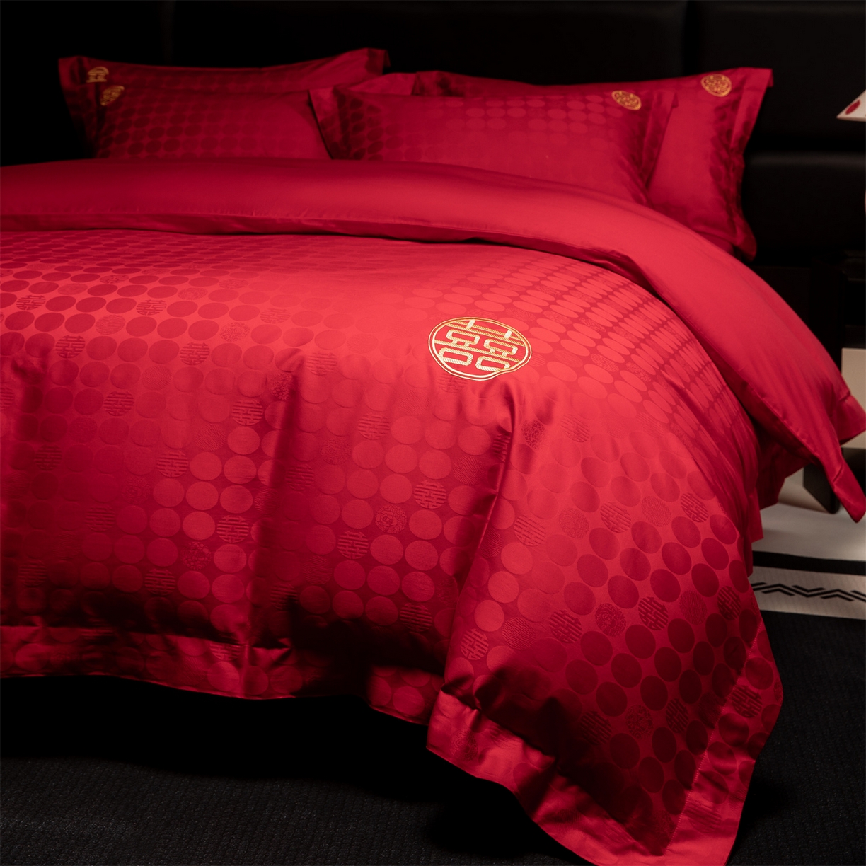 91家纺网 家纺一手货源 找家纺 欧乐蒂 2025新款高支高密婚庆提花四件套 双囍-金