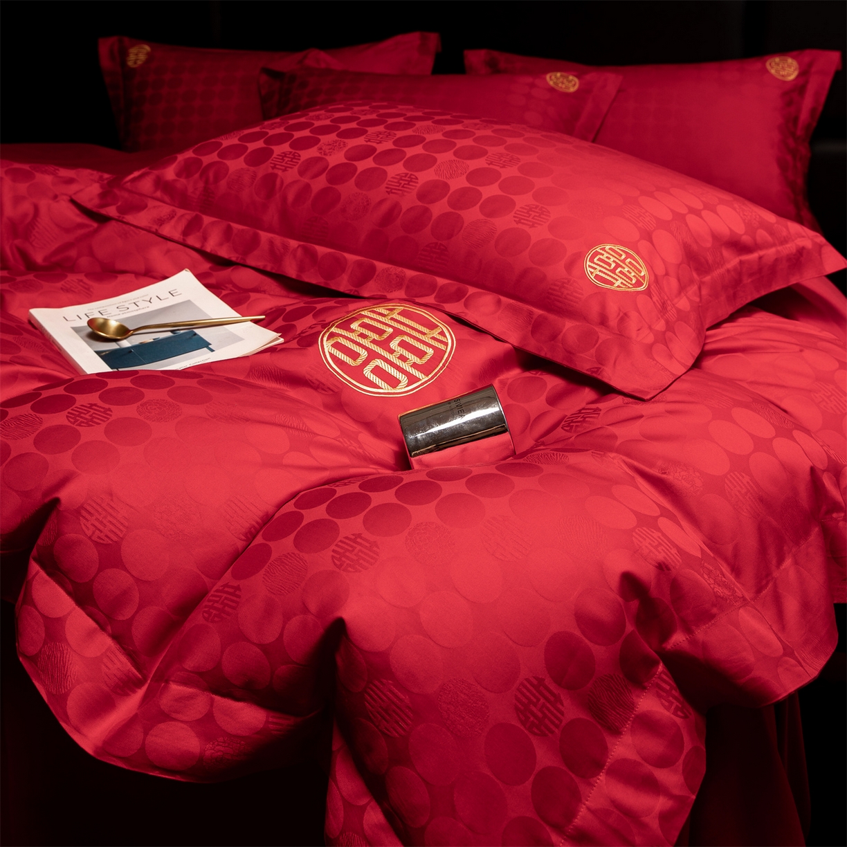 91家纺网 家纺一手货源 找家纺 欧乐蒂 2025新款高支高密婚庆提花四件套 双囍-金