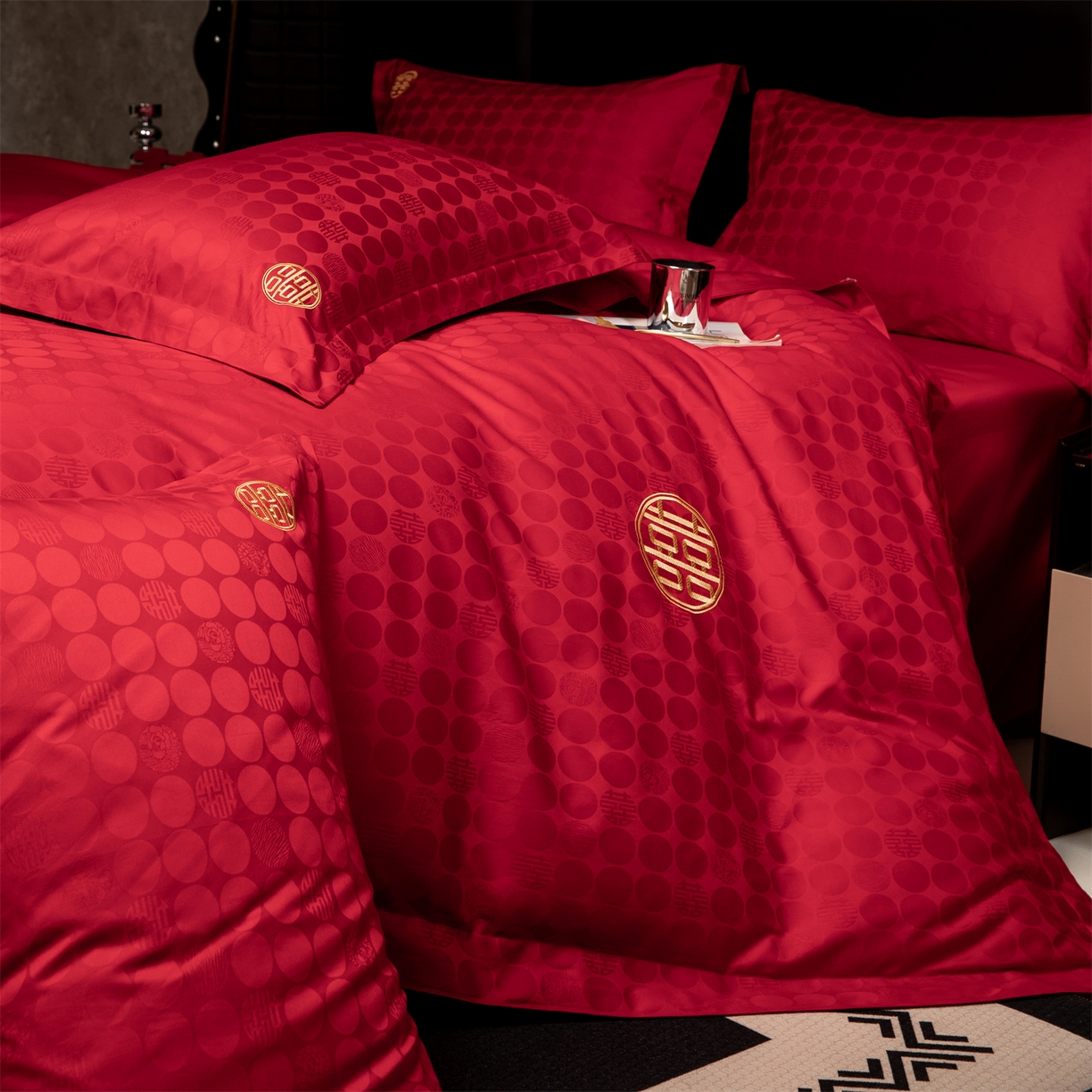 91家纺网 家纺一手货源 找家纺 欧乐蒂 2025新款高支高密婚庆提花四件套 双囍-金