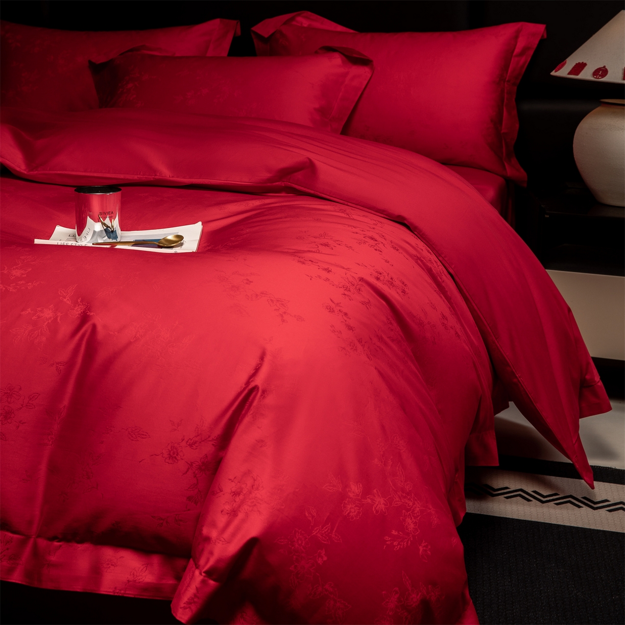 91家纺网 家纺一手货源 找家纺 欧乐蒂 2025新款高支高密婚庆提花四件套 叶叶情深