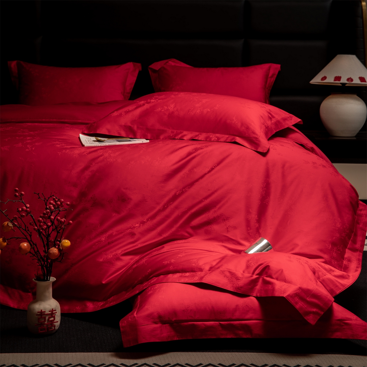 91家纺网 家纺一手货源 找家纺 欧乐蒂 2025新款高支高密婚庆提花四件套 叶叶情深