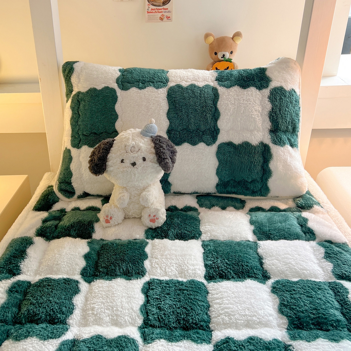 91家纺网 家纺一手货源 找家纺 眠势力 2025新款北极绒学生床垫加绒牛奶绒床褥子秋冬保暖珊瑚绒夹棉上下铺床护垫 棋盘格-青草绿