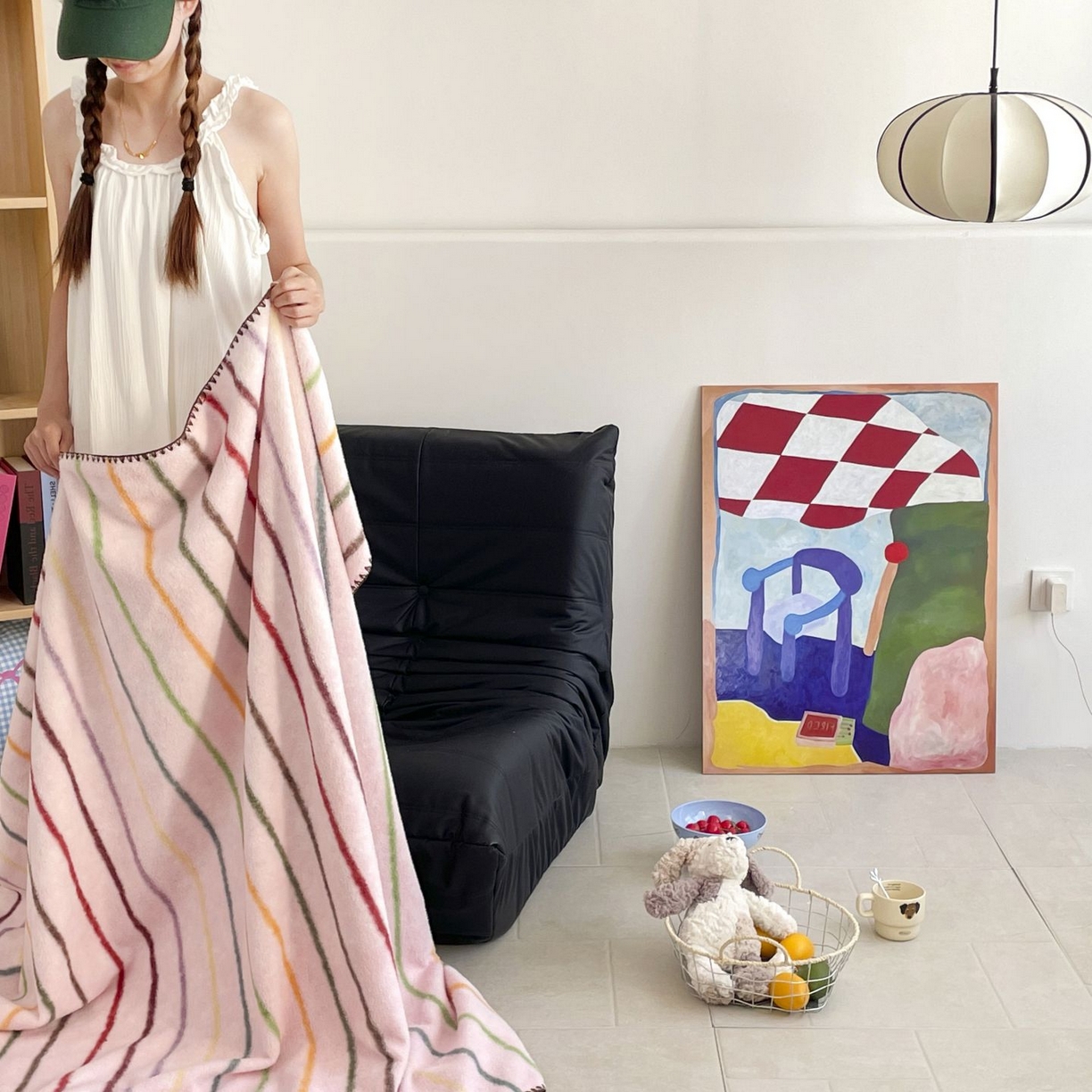 91家纺网 家纺一手货源 找家纺 十里居 2025新款双面绵羊绒多功能盖毯沙发毯户外毛毯 七彩条