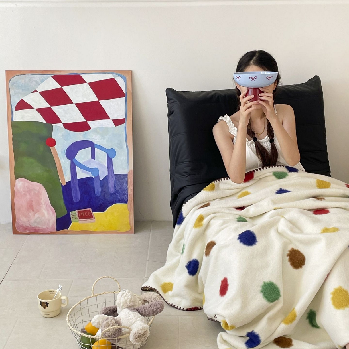 91家纺网 家纺一手货源 找家纺 十里居 2025新款双面绵羊绒多功能盖毯沙发毯户外毛毯 彩波点