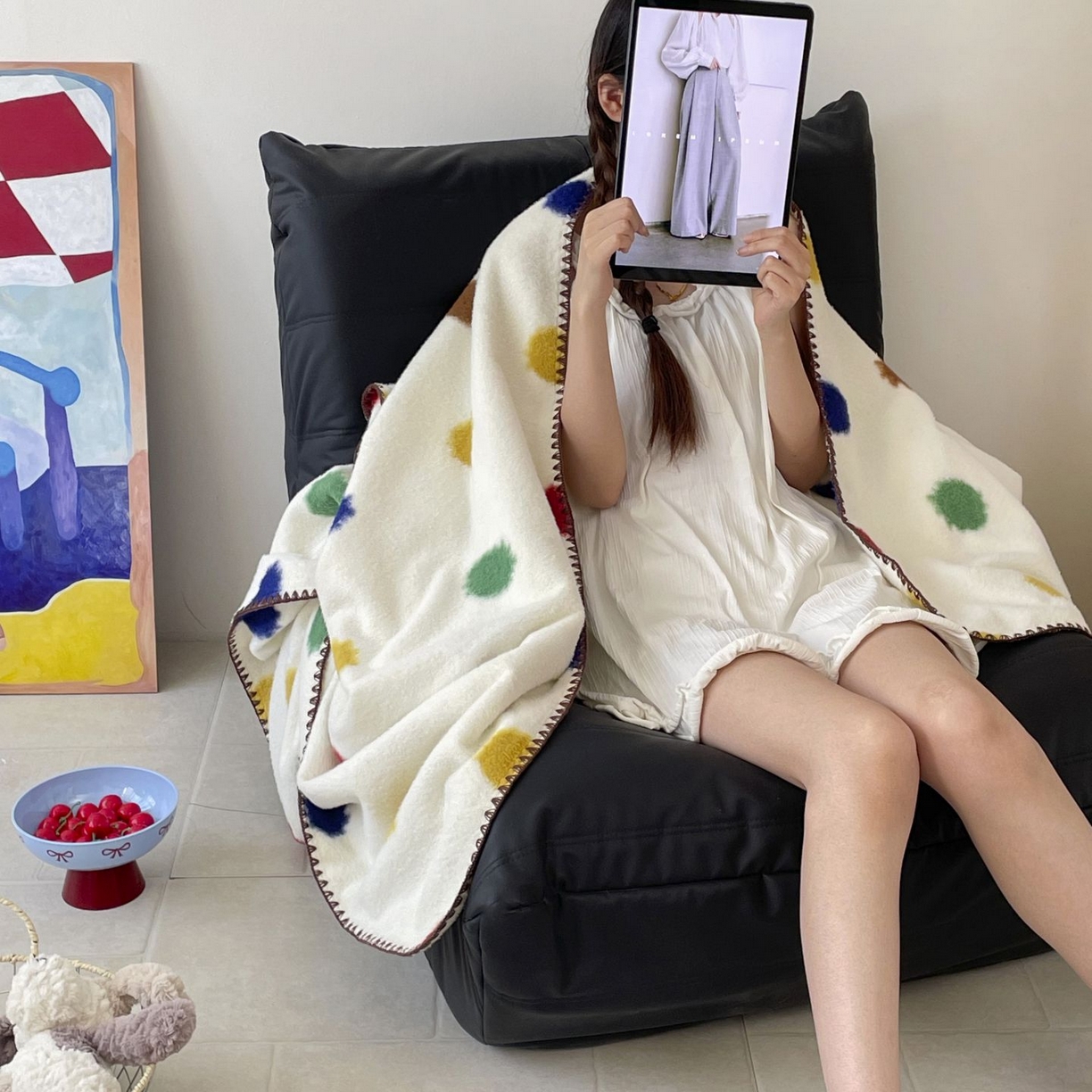 91家纺网 家纺一手货源 找家纺 十里居 2025新款双面绵羊绒多功能盖毯沙发毯户外毛毯 彩波点