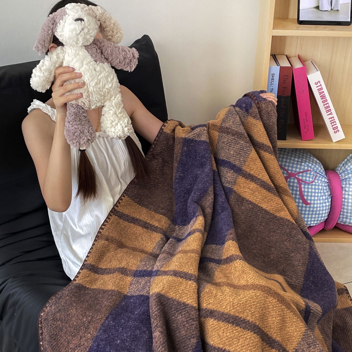 十里居 2025新款双面绵羊绒多功能盖毯沙发毯户外毛毯 蓝郁