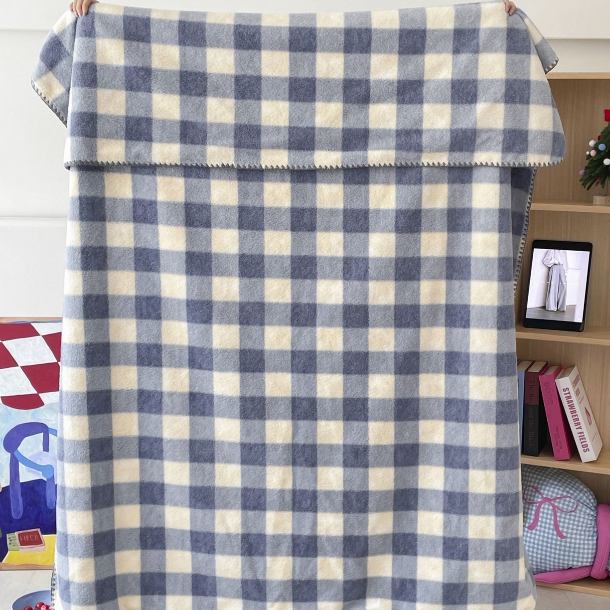 91家纺网 家纺一手货源 找家纺 十里居 2025新款双面绵羊绒多功能盖毯沙发毯户外毛毯 南山蓝