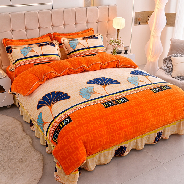 91家纺网 家纺一手货源 找家纺 博兰蒂 2025新款床裙款高克重牛奶绒印花四件套三生有幸