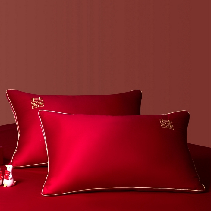 欧乐蒂 2025新款婚庆刺绣立体边纤维枕 双囍枕芯～红