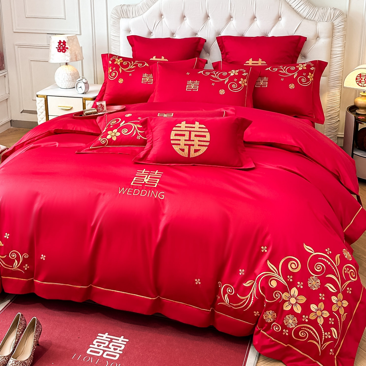 91家纺网 家纺一手货源 找家纺 欧乐蒂 2025新款亲肤棉婚庆刺绣四件套 金枝玉叶