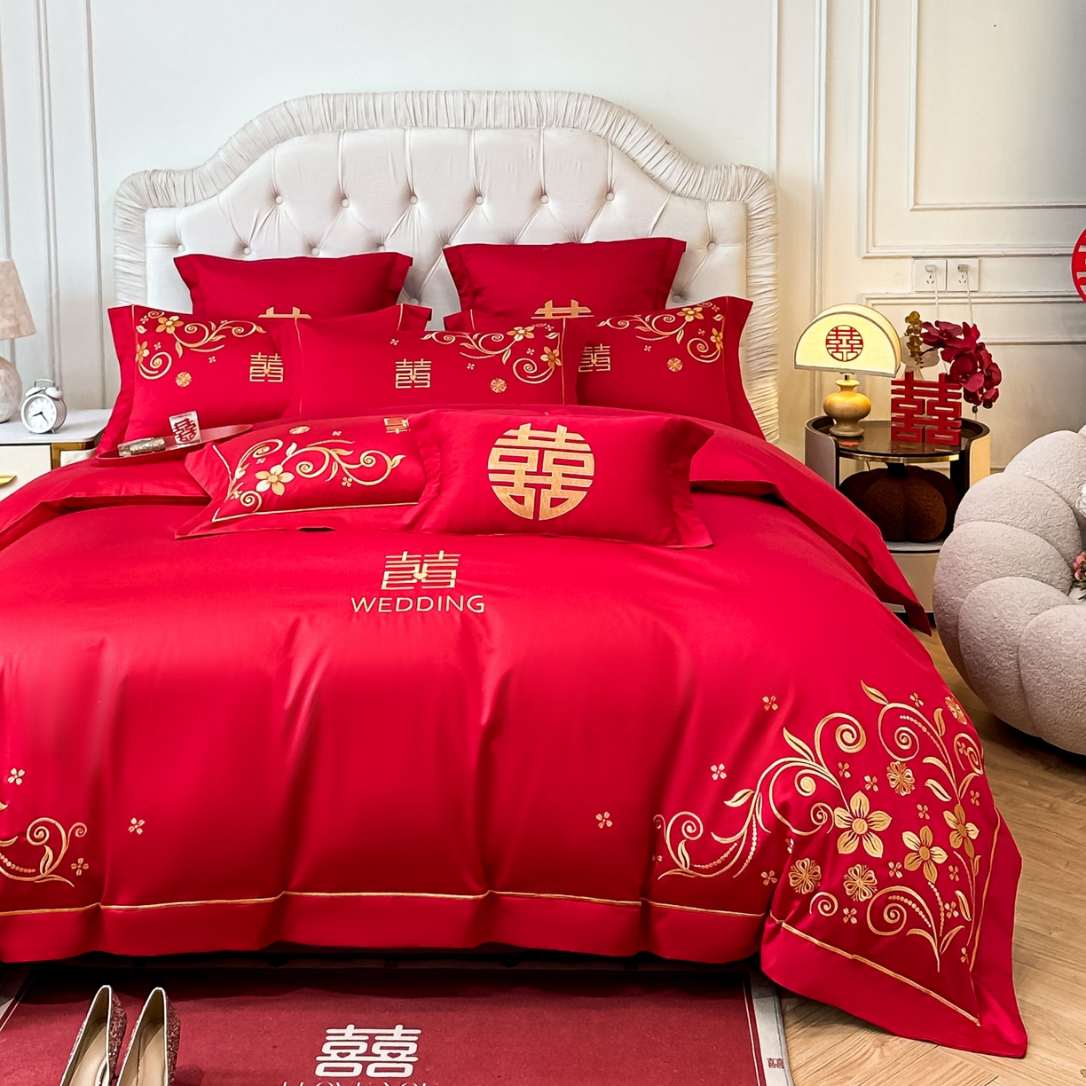 91家纺网 家纺一手货源 找家纺 欧乐蒂 2025新款亲肤棉婚庆刺绣四件套 金枝玉叶