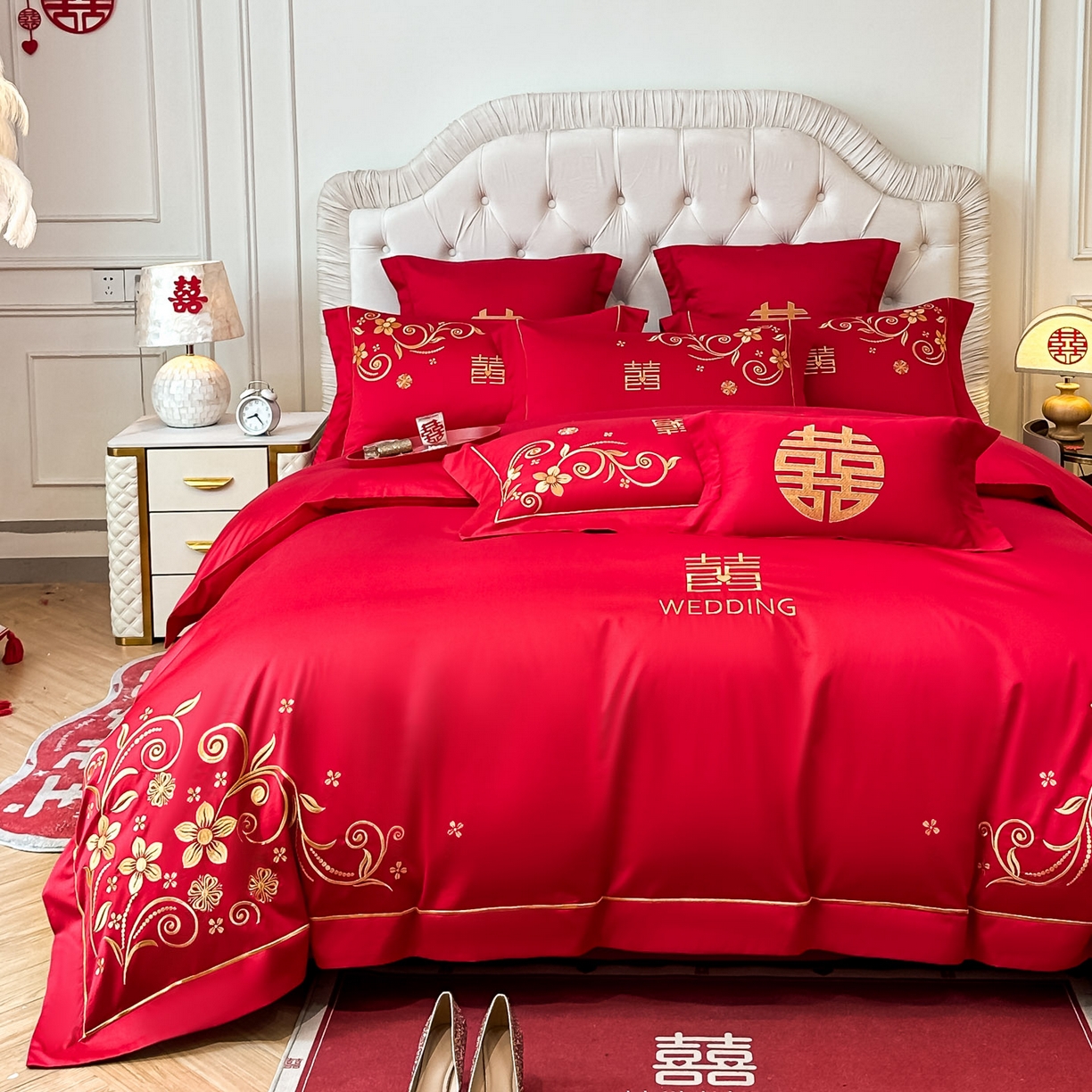 91家纺网 家纺一手货源 找家纺 欧乐蒂 2025新款亲肤棉婚庆刺绣四件套 金枝玉叶