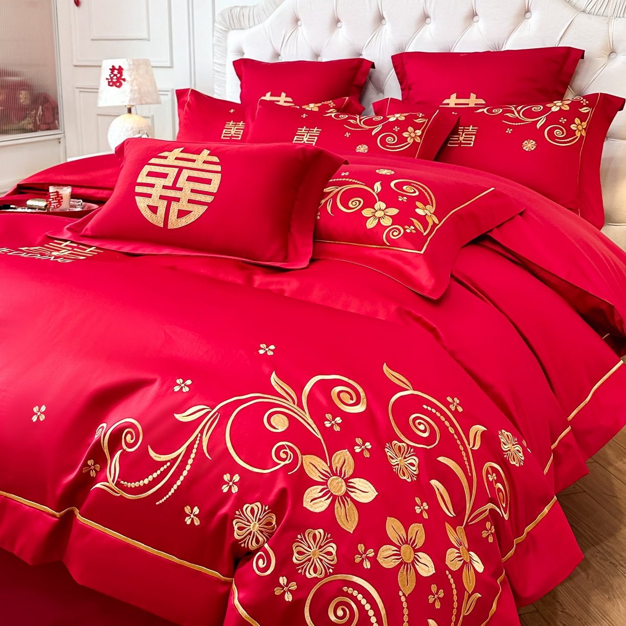 91家纺网 家纺一手货源 找家纺 欧乐蒂 2025新款亲肤棉婚庆刺绣四件套 金枝玉叶