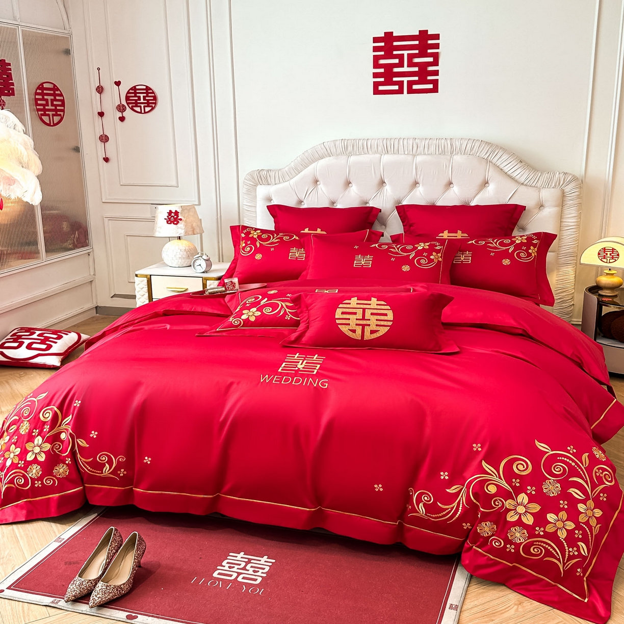 91家纺网 家纺一手货源 找家纺 欧乐蒂 2025新款亲肤棉婚庆刺绣四件套 金枝玉叶