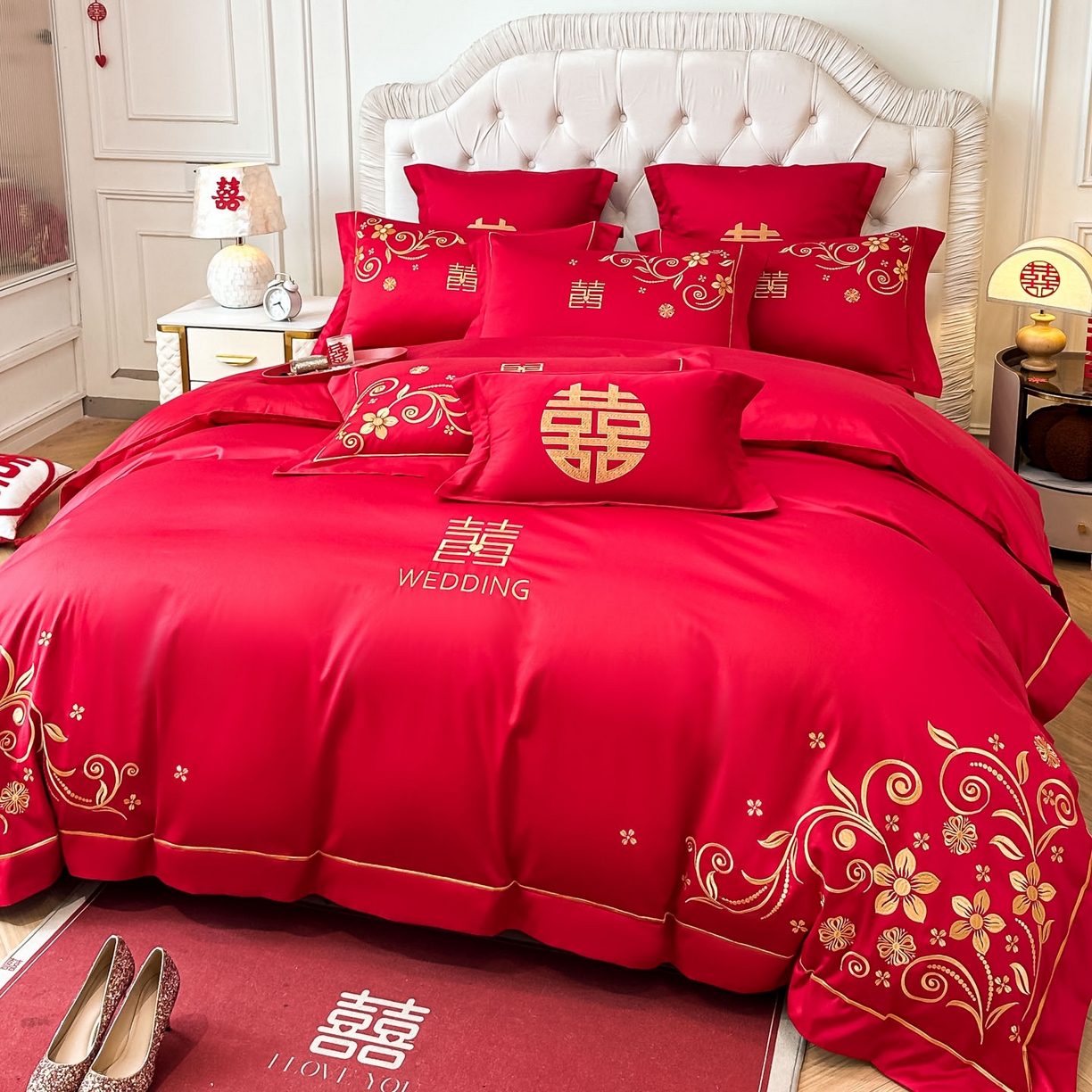 91家纺网 家纺一手货源 找家纺 欧乐蒂 2025新款亲肤棉婚庆刺绣四件套 金枝玉叶