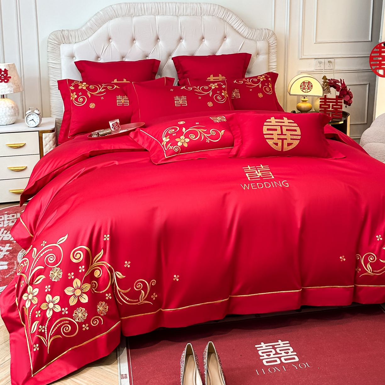 91家纺网 家纺一手货源 找家纺 欧乐蒂 2025新款亲肤棉婚庆刺绣四件套 金枝玉叶