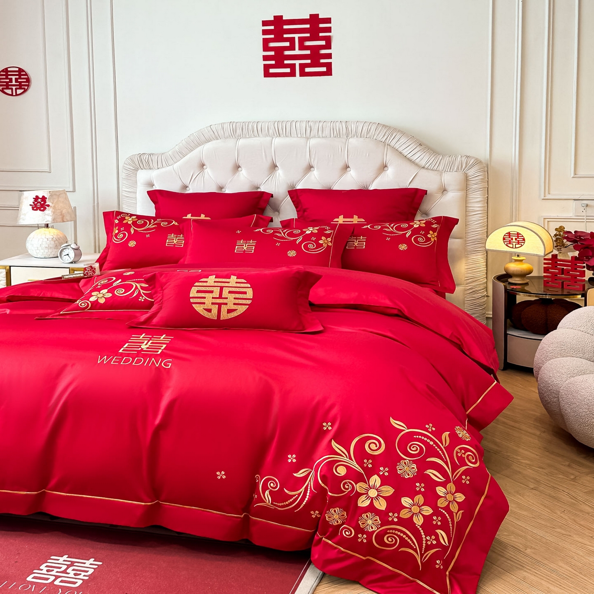 91家纺网 家纺一手货源 找家纺 欧乐蒂 2025新款亲肤棉婚庆刺绣四件套 金枝玉叶