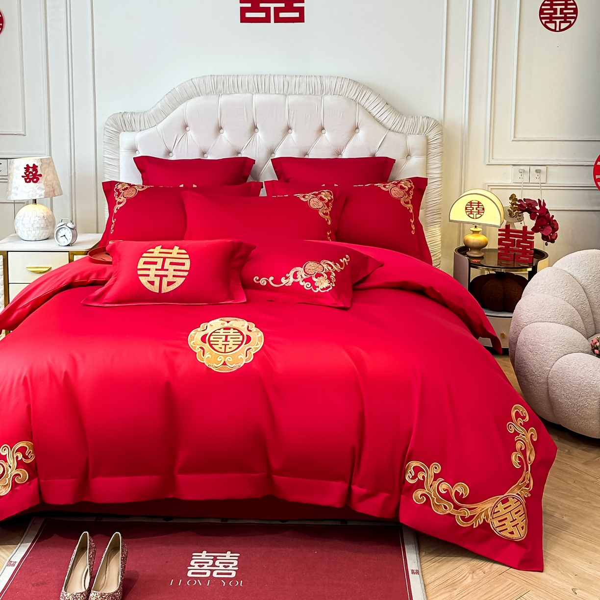 91家纺网 家纺一手货源 找家纺 欧乐蒂 2025新款亲肤棉婚庆刺绣四件套 锦上添喜