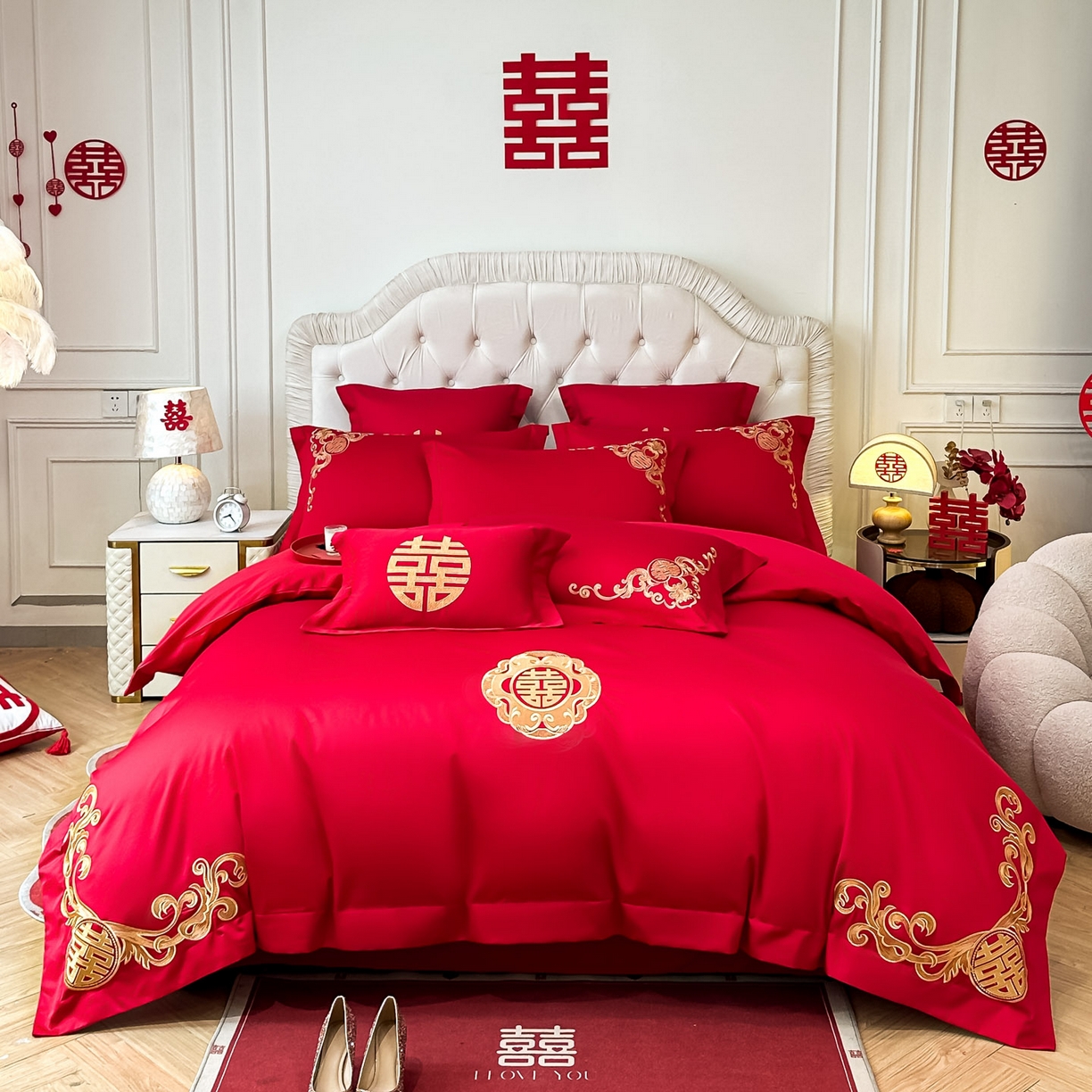 欧乐蒂 2025新款亲肤棉婚庆刺绣四件套 锦上添喜